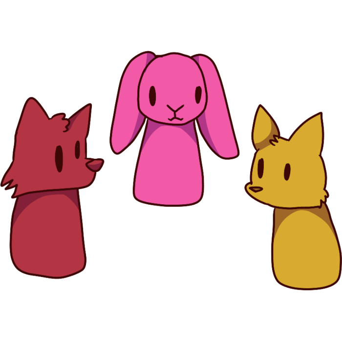 a red fox, a pink bunny, and a yellow cat sitting together